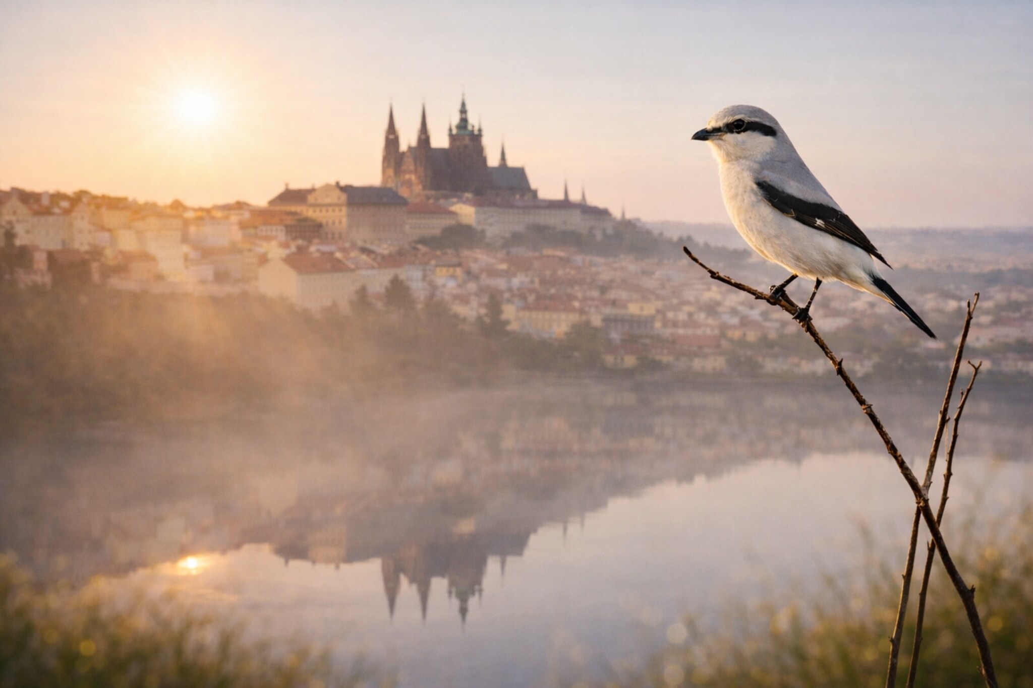 A shrike overlooking Prague at sunrise.